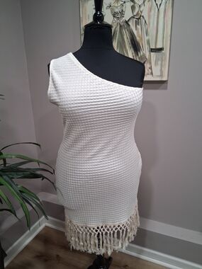 SHEIN White One-Shoulder Textured Fringe Knit Dress